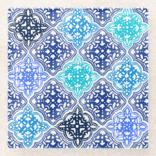 Handtekening Blue Moroccan Tegel Pattern Glazen Onderzetter (Voorkant)