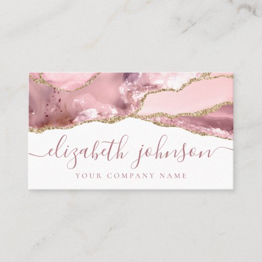 Handtekening Blush Pink Gold Glitter Agate Marmer Visitekaartje (Voorkant)