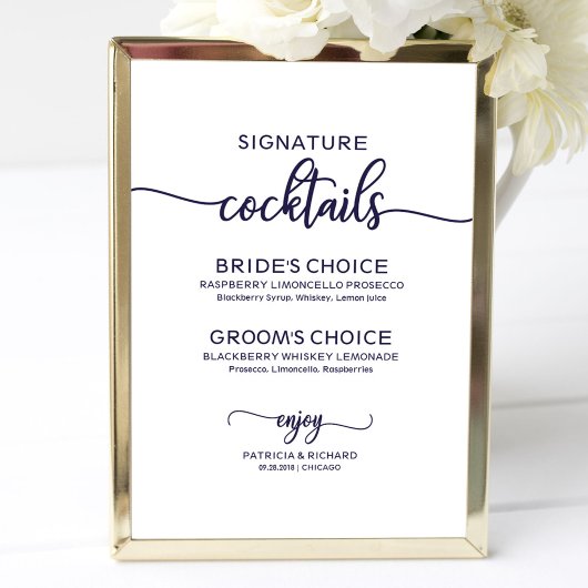 Handtekening Cocktails Chic Navy Blue Wedding Sign Poster