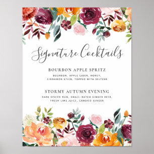Handtekening Cocktails Herfst Bloemige Bruiloft Ba Poster