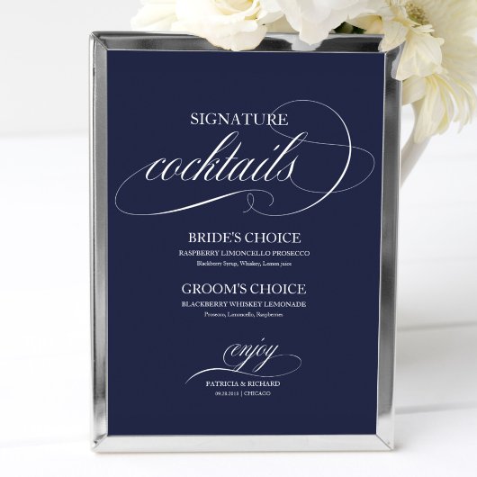 Handtekening Cocktails Navy Blue Wedding Sign Poster