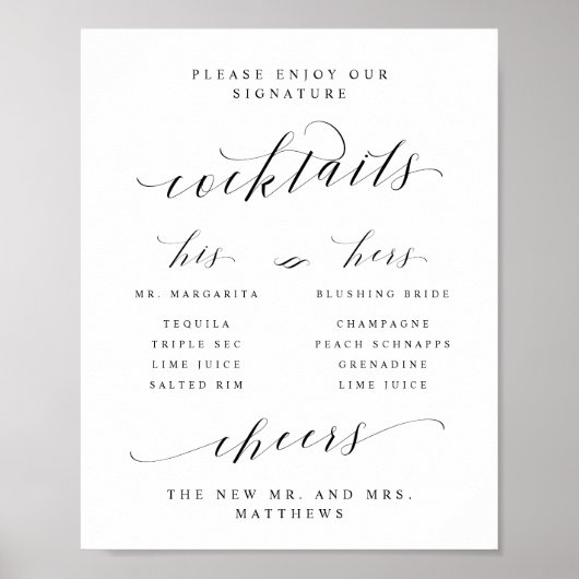 Handtekening Cocktails Zijn & Haar Bar Menu Bord Poster (Voorkant)