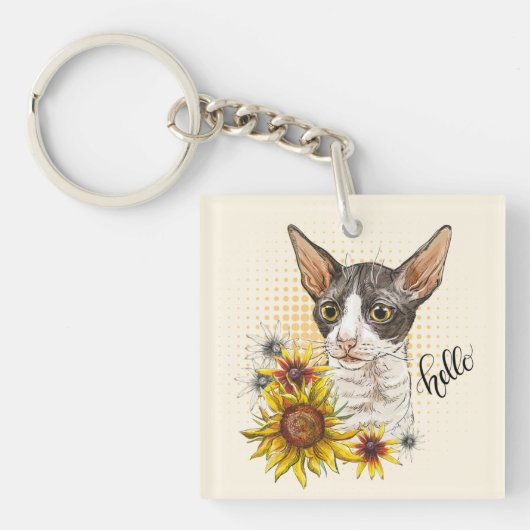 Handtekening Cornish Rex-kat met zonnebloemen Dron Sleutelhanger (voorkant)