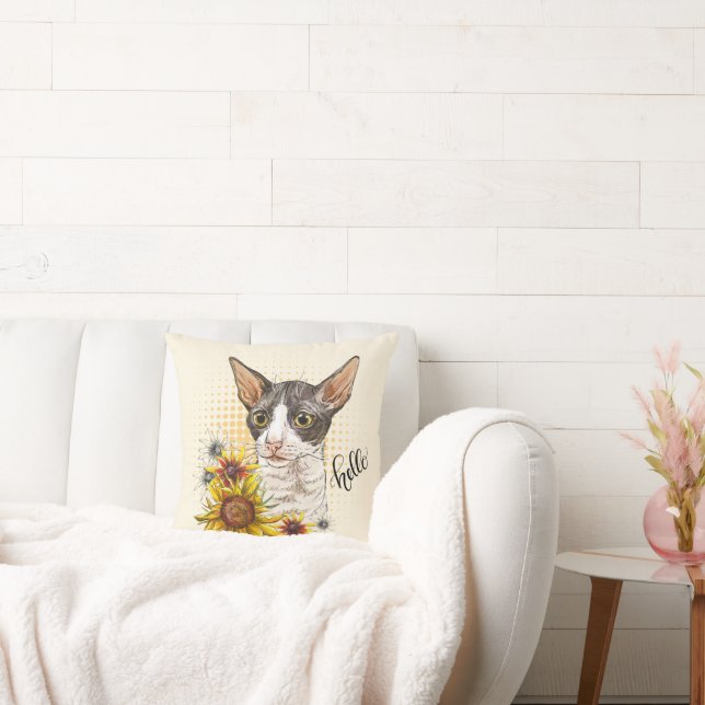 Handtekening Cornish Rex-kat met zonnebloemen Kussen (Bank)