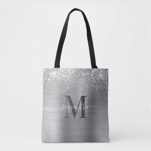 Handtekening Dark Gray Monogram Silver Foil Glitte Tote Bag (Voorkant)