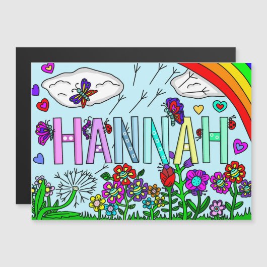 Handtekening Drawn Whimsical Flowers en Name Hanna Magnetische Uitnodiging (Voorkant / Achterkant)