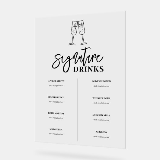 Handtekening Drink Bar Menu Acryl Teken Bord (Hoek)