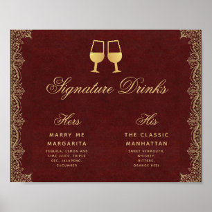 Handtekening Drink Burgundy Gold Script Wedding Si Poster