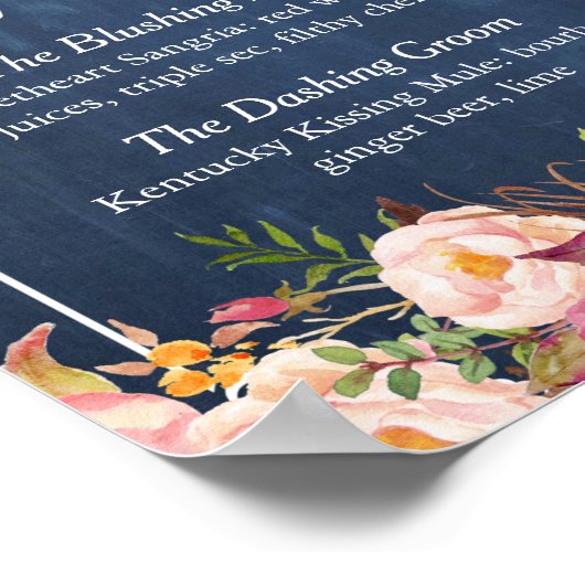 Handtekening Drink Cocktail Floral Navy Blue Weddi Poster (Hoek)