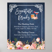 Handtekening Drink Cocktail Floral Navy Blue Weddi Poster (Voorkant)