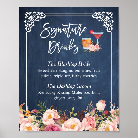 Handtekening Drink Cocktail Floral Navy Blue Weddi Poster (Voorkant)