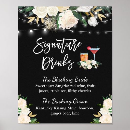 Handtekening Drink Cocktail Ivory Floral Wedding Poster (Voorkant)