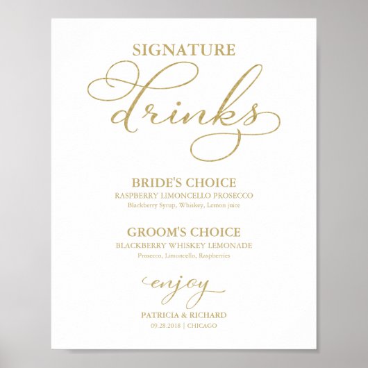 Handtekening Drink Elegant Gold Foil Wedding Sign Poster (Voorkant)