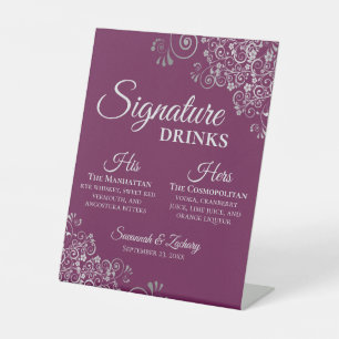 Handtekening Drink Elegante Magenta & Zilveren bru Reclamebord Met Voetstuk