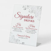 Handtekening Drink Elegante Rood & Zilver bruiloft Reclamebord Met Voetstuk (Voorkant)