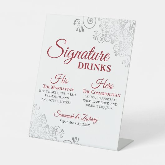 Handtekening Drink Elegante Rood & Zilver bruiloft Reclamebord Met Voetstuk (Voorkant)