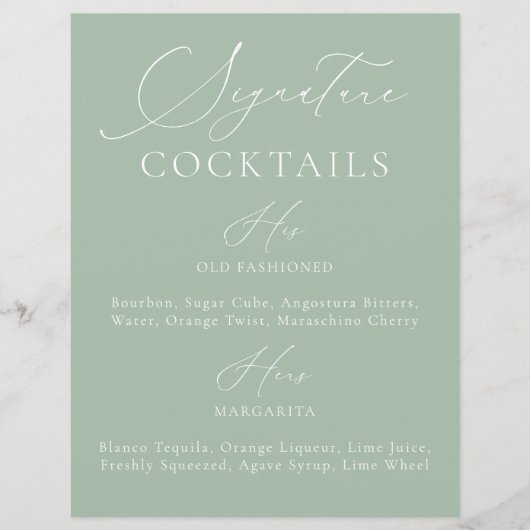 Handtekening Drink Sage Groen & Wit Trouwmenu (Voorkant)