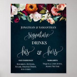 Handtekening Drink Wedding Wine Flowers Navy Sign Poster