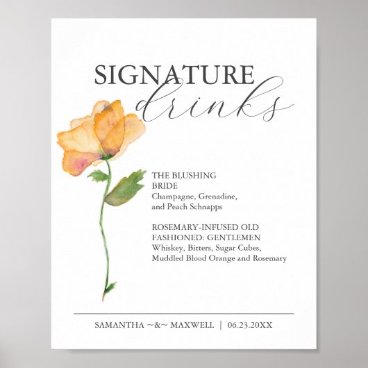Handtekening Drinken 8x10 Bloemen Trouwbord Poster (Voorkant)