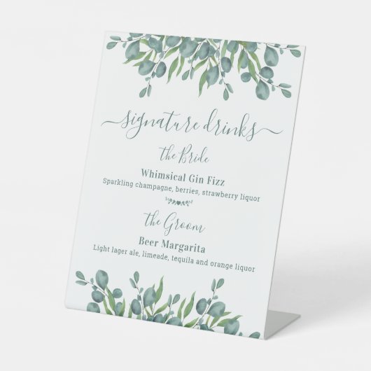 Handtekening Drinken Aangepaste eucalyptusbruiloft Reclamebord Met Voetstuk (Voorkant)