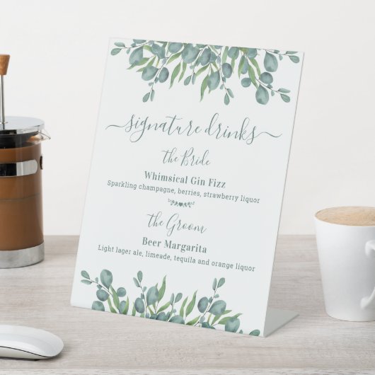 Handtekening Drinken Aangepaste eucalyptusbruiloft Reclamebord Met Voetstuk (Insitu)
