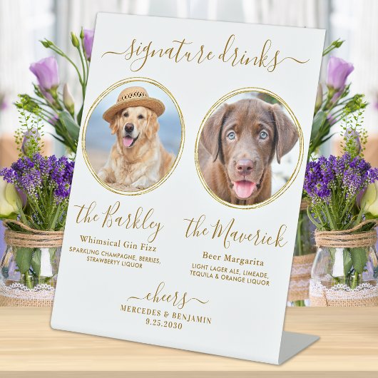 Handtekening Drinken Aangepaste foto Gold Pet Wedd Reclamebord Met Voetstuk