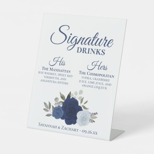 Handtekening Drinken Blauwe Waterverf Rozen Bruilo Reclamebord Met Voetstuk (Voorkant)