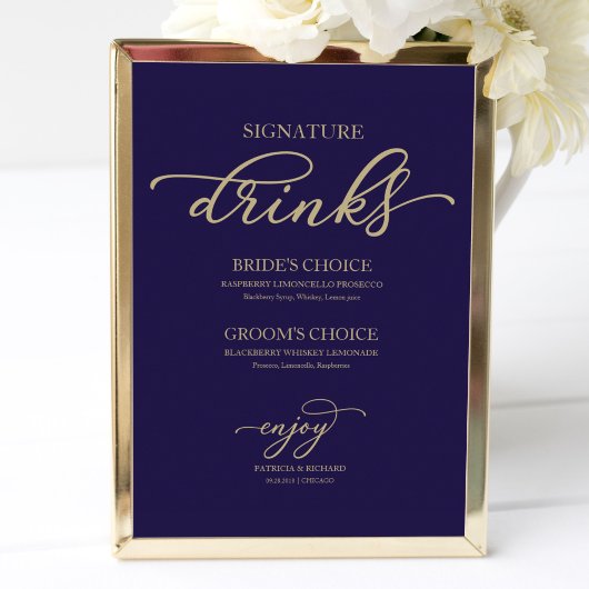 Handtekening Drinken Chic Gold Script Navy Blue Poster