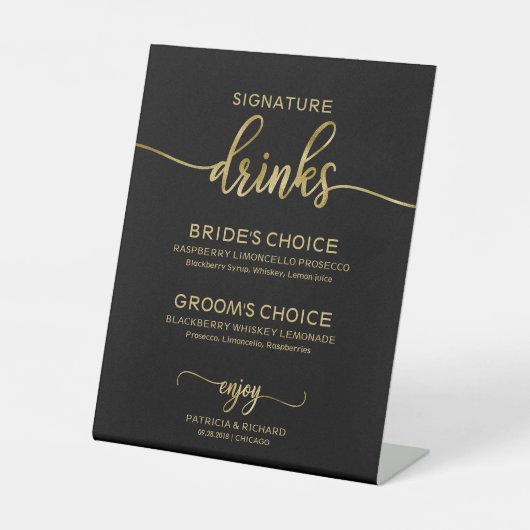 Handtekening Drinken Elegant Gold Script Wedding S Reclamebord Met Voetstuk (Voorkant)