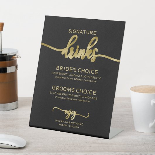 Handtekening Drinken Elegant Gold Script Wedding S Reclamebord Met Voetstuk (Insitu)