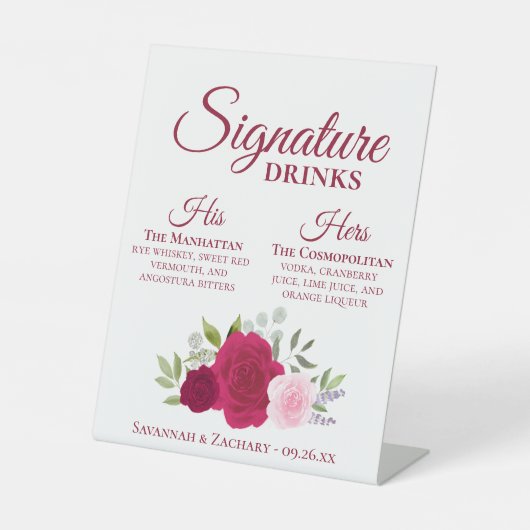 Handtekening Drinken Magenta & Rozen bruiloft Reclamebord Met Voetstuk (Voorkant)