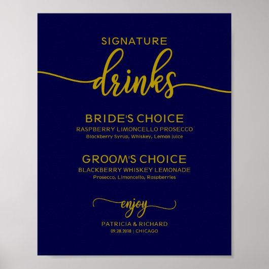 Handtekening Drinken voor goudblauw goudmarinesche Poster (Voorkant)