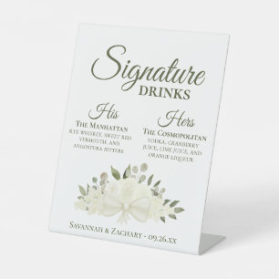 Handtekening Drinken Witte Rozen & Bloesems Weddin Reclamebord Met Voetstuk