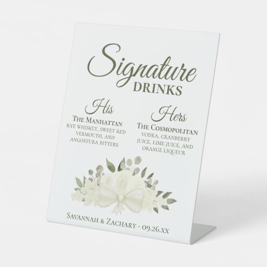 Handtekening Drinken Witte Rozen & Bloesems Weddin Reclamebord Met Voetstuk (Voorkant)