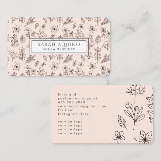 Handtekening Floral Botanische Roze Doula Birth Visitekaartje (Voorkant / Achterkant)