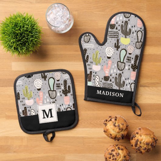 Handtekening gestructureerd cactus-patroon ovenwant & pannenlap set (Top down)