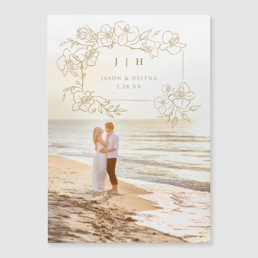 Handtekening Gold Floral slaat de datum op Magnetische Uitnodiging (Voorkant)