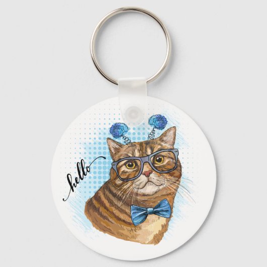 Handtekening grappige Tabby-kat in glazen Papier Sleutelhanger (Voorkant)