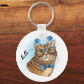 Handtekening grappige Tabby-kat in glazen Papier Sleutelhanger (Voorkant)