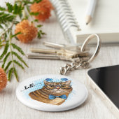 Handtekening grappige Tabby-kat in glazen Papier Sleutelhanger (Zijkant)