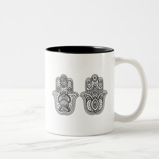 Handtekening Hamsa met sierplanten Tweekleurige Koffiemok (Rechts)