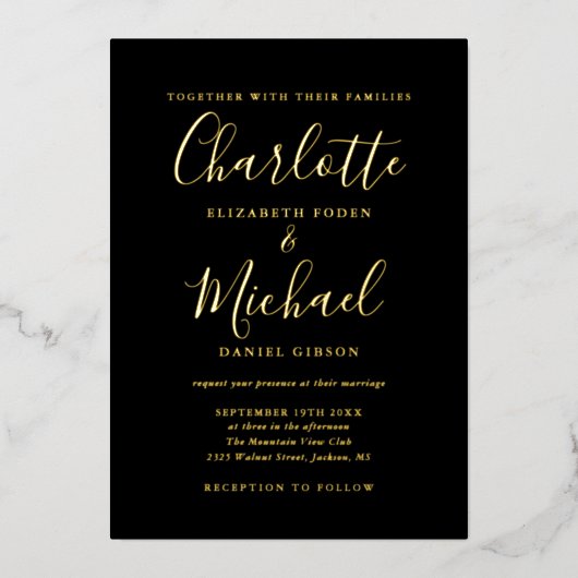 Handtekening in één zwarte gouden bruiloft folie uitnodiging (Voorkant)