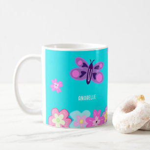 Handtekening: kleurrijke Cartoons bloemen en vlind Koffiemok