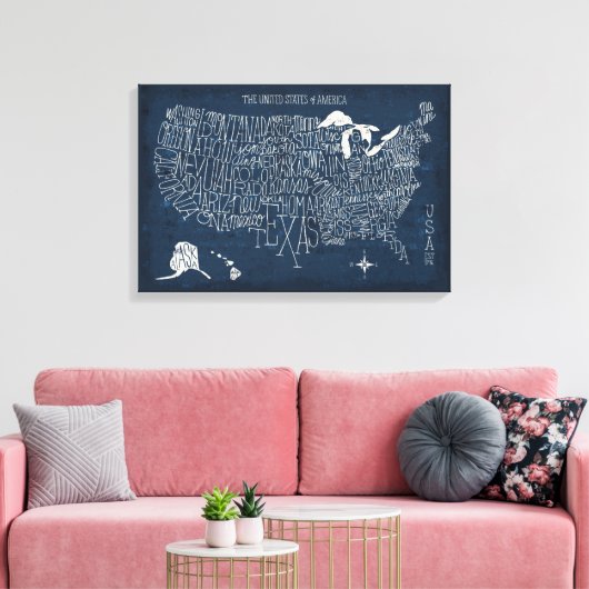 Handtekening Lettertered Blue USA Map Canvas Afdruk (Insitu (Woonkamer))