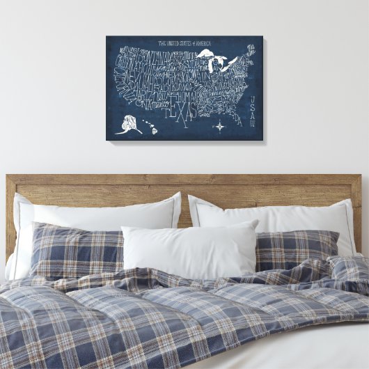 Handtekening Lettertered Blue USA Map Canvas Afdruk (Insitu (Slaapkamer))
