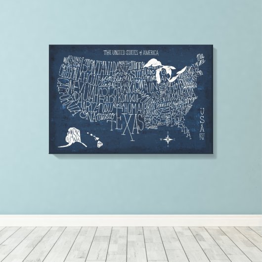 Handtekening Lettertered Blue USA Map Canvas Afdruk (Insitu (Houten vloer))