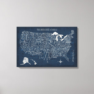 Handtekening Lettertered Blue USA Map Canvas Afdruk