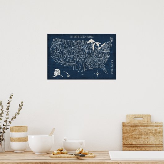 Handtekening Lettertered Blue USA Map Poster (Keuken)