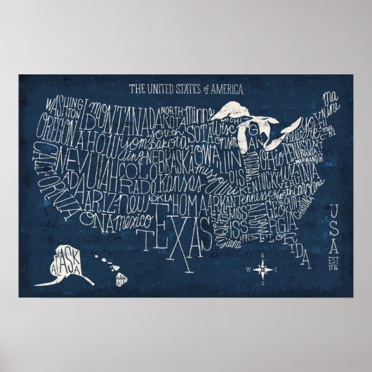 Handtekening Lettertered Blue USA Map Poster (Voorkant)
