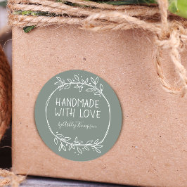 Handtekening met droog groen handgemaakt met liefd ronde sticker